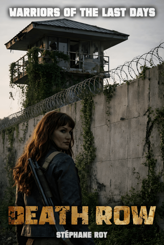 Book cover for 'Death Row': A warrior woman with a shotgun, ruined guard tower, razor wire, and overgrown wall.