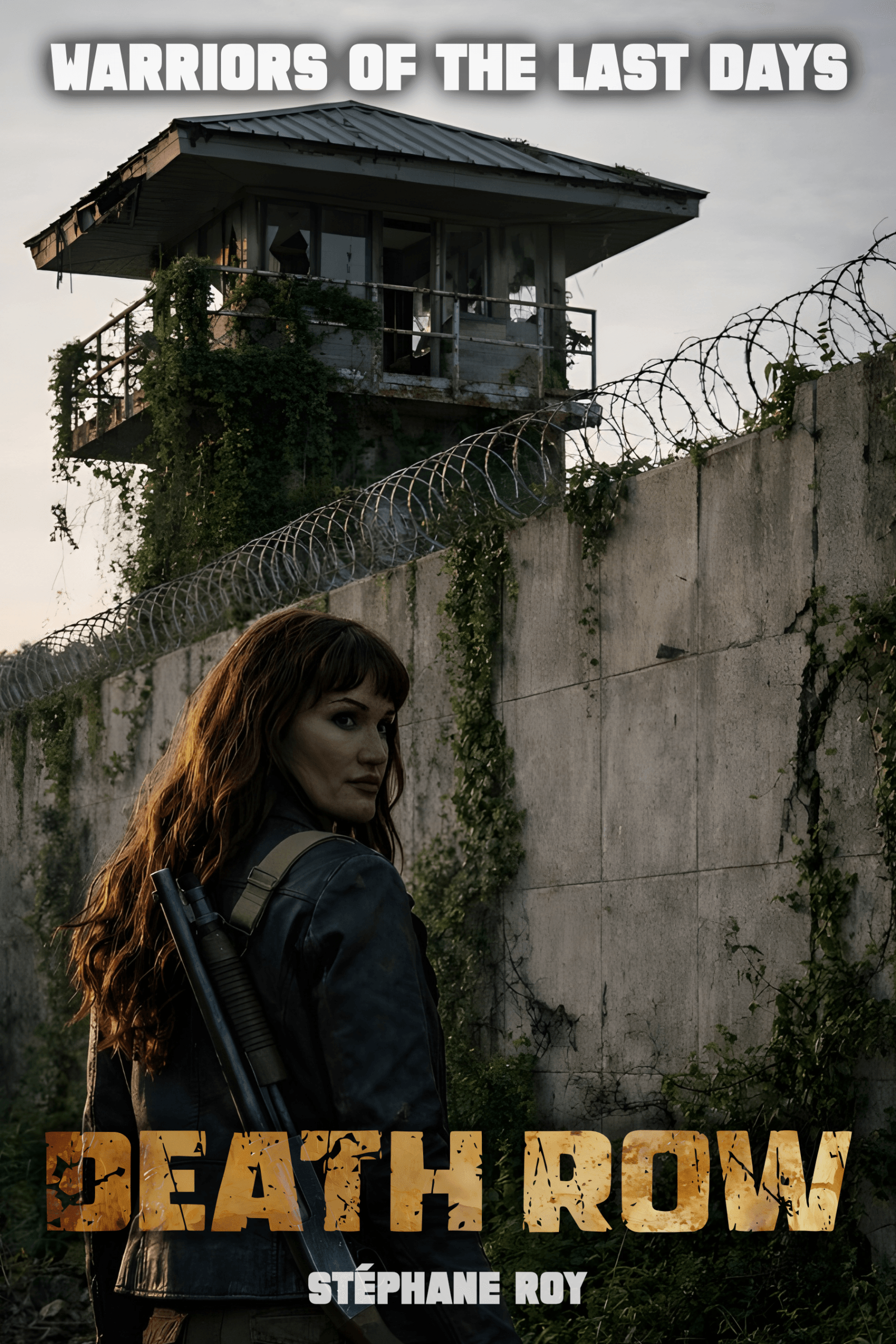 DEATH ROW WARRIORS OF THE LAST DAYS NOVEL Book cover for 'Death Row': A warrior woman with a shotgun, ruined guard tower, razor wire, and overgrown wall.