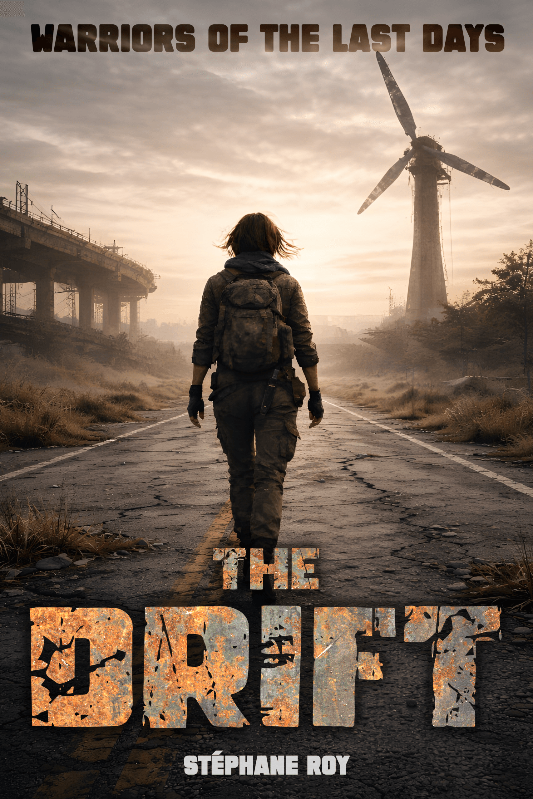 A lone survivor with a backpack walks down a desolate, cracked road toward a distant wind turbine in a post-apocalyptic landscape.