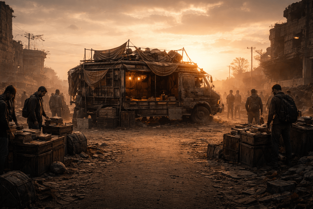 Events: People gather around a makeshift market stall in a ruined, post-apocalyptic Montreal, bathed in the orange glow of sunset.