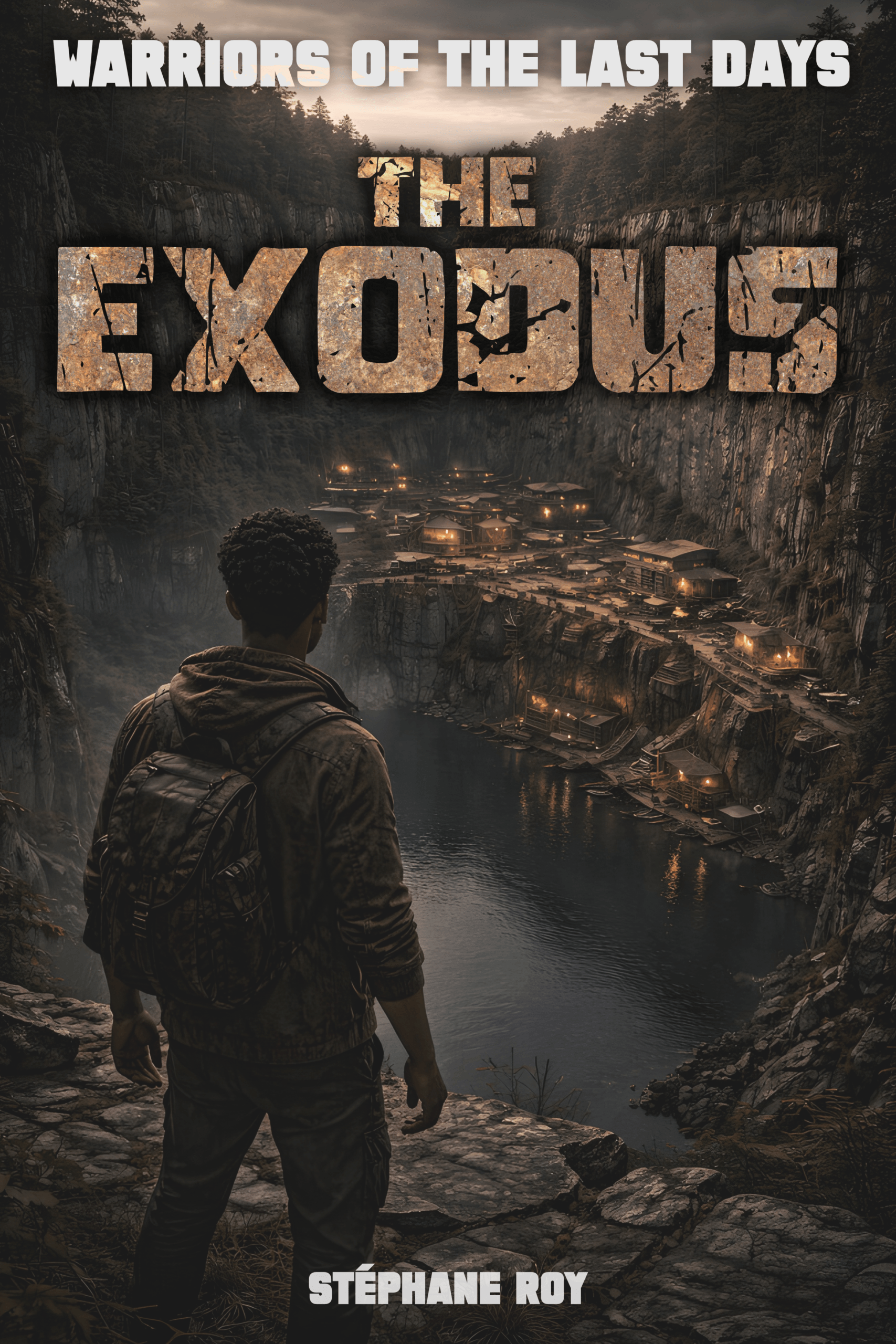 BOOK II: THE EXODUS Cover for 'The Exodus' dystopian novel: a lone figure overlooks a glowing cliffside settlement by a dark lake.