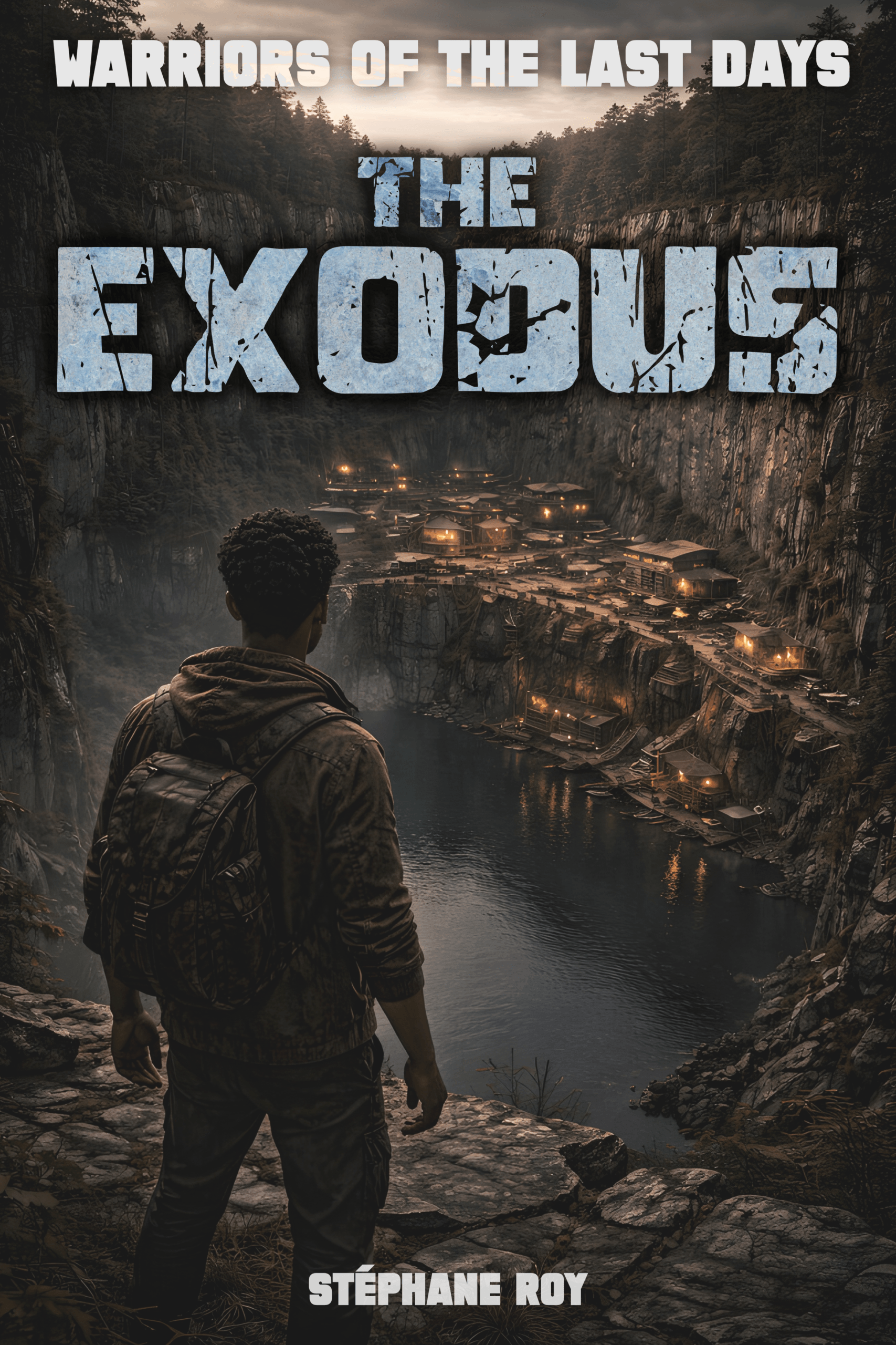 Book cover for The Exodus, featuring a man overlooking a glowing cliffside city built into a deep canyon. Text: Warriors of the Last Days, The Exodus, Stéphane Roy.