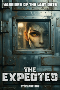 Dystopian novel cover for 'The Expected' showing a reptilian face with a yellow eye peering through a gridded metal door.
