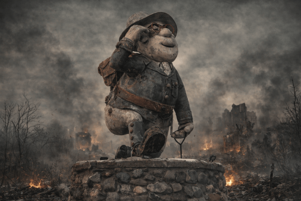 The Flin Flon mascot, a weathered statue, surveys a devastated landscape of burning ruins and smoke under a dark sky.