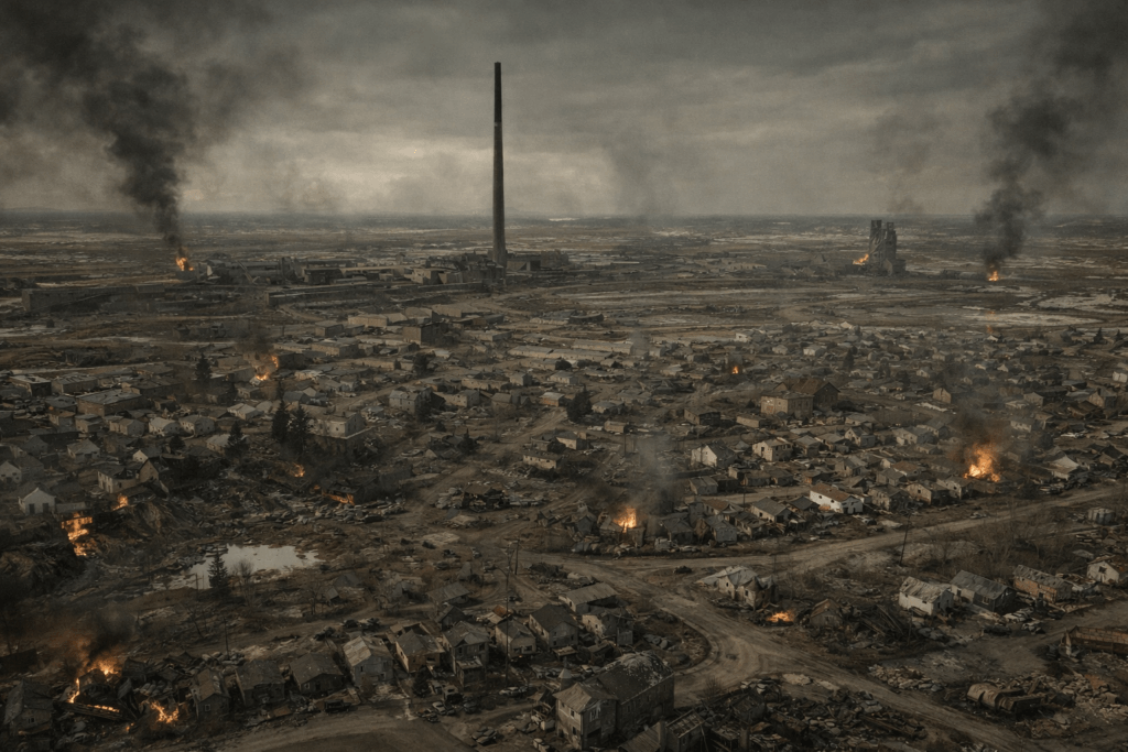 Aerial view of the devastated industrial town of Flin Flon with a towering smokestack and multiple fires burning.
