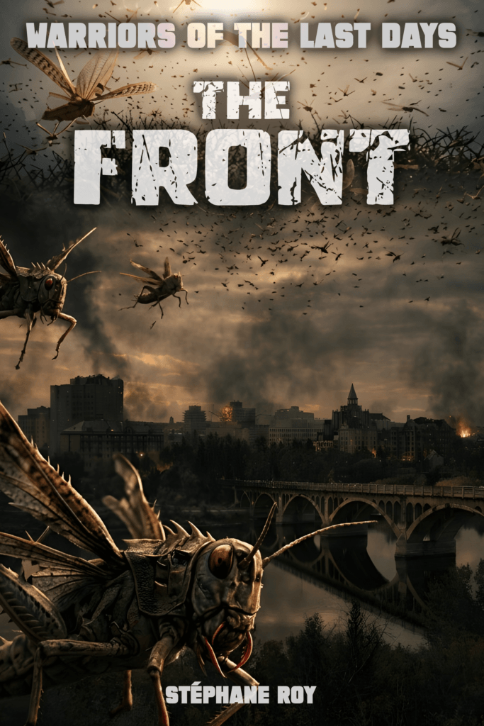 Cover for 'The Front' showing giant locusts swarming a ruined, burning city with a bridge under a dark, smoky sky.