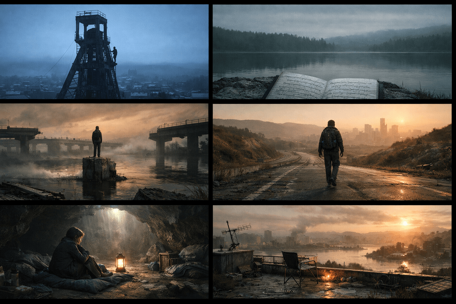 Six distinct images portraying a dystopian world with solitary figures in ruined cities, desolate landscapes, and survival settings.