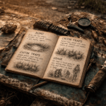 FREQUENTLY ASKED QUESTIONS 8 Open survival glossary on a rusted surface, with definitions for 'Sump' and 'Chitin Traps', alongside a map, compass, knife, and projectiles.