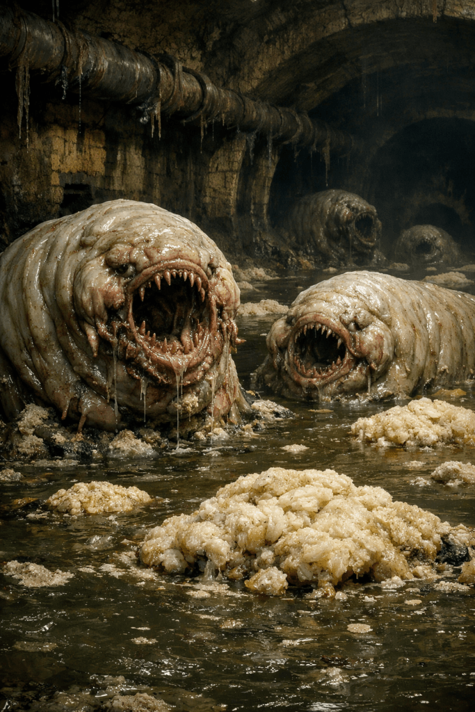 THE REFUSAL CREATURES 3 Several large, pale, worm-like creatures with gaping, toothy maws lurking in a dark, murky post-apocalyptic sewer tunnel.