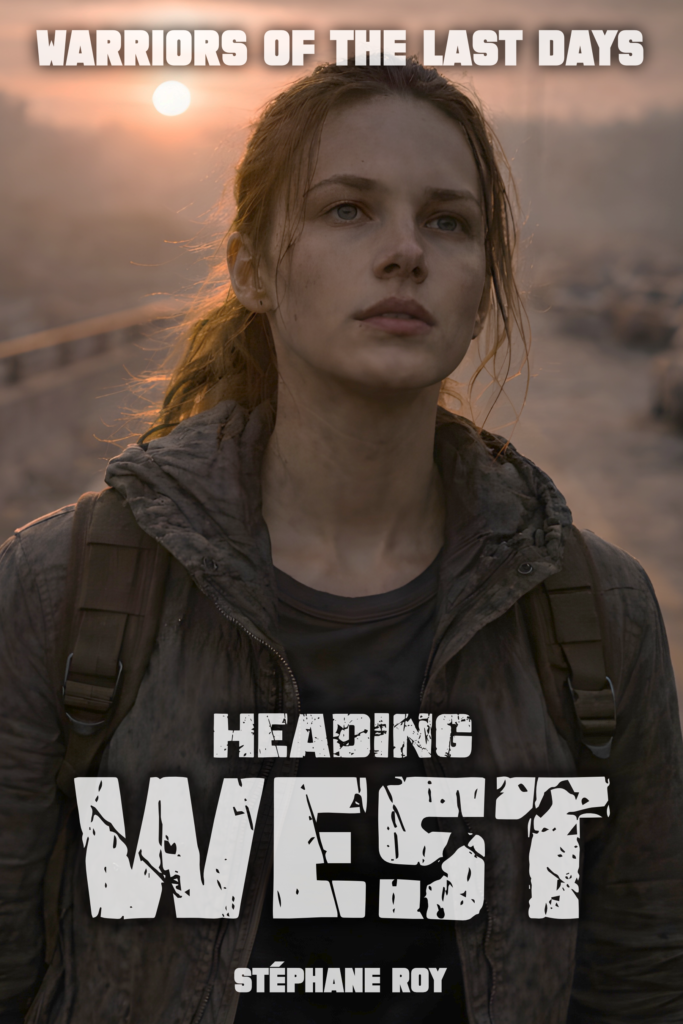 Cover for Heading West novel: A determined woman with a backpack, backlit by a hazy sunset. Text: WARRIORS OF THE LAST DAYS.