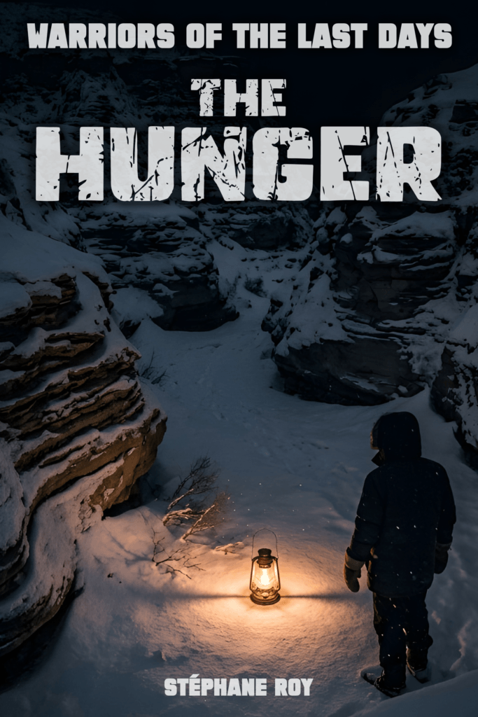 Cover for 'The Hunger' short story. A figure with a lantern in a snowy canyon, bathed in its warm glow. Titles: Warriors of the Last Days, The Hunger, Stéphane Roy.
