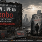 KOBO: A billboard and book cover announcing the Kobo launch of the post-apocalyptic novel series Warriors of the Last Days.