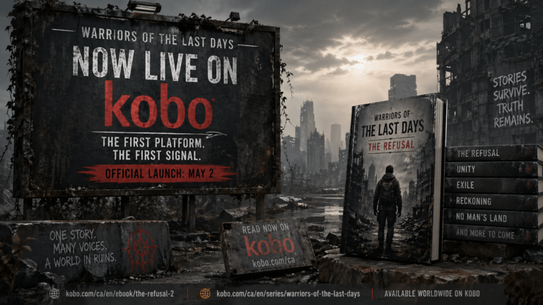KOBO NOW AVAILABLE KOBO: A billboard and book cover announcing the Kobo launch of the post-apocalyptic novel series Warriors of the Last Days.