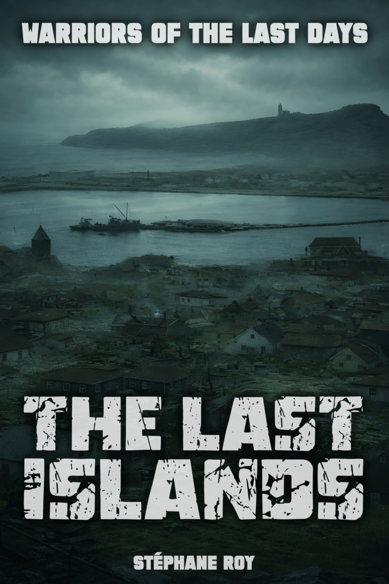 Book cover for The Last Islands featuring a bleak, fog-covered coastal town in a post-apocalyptic landscape.