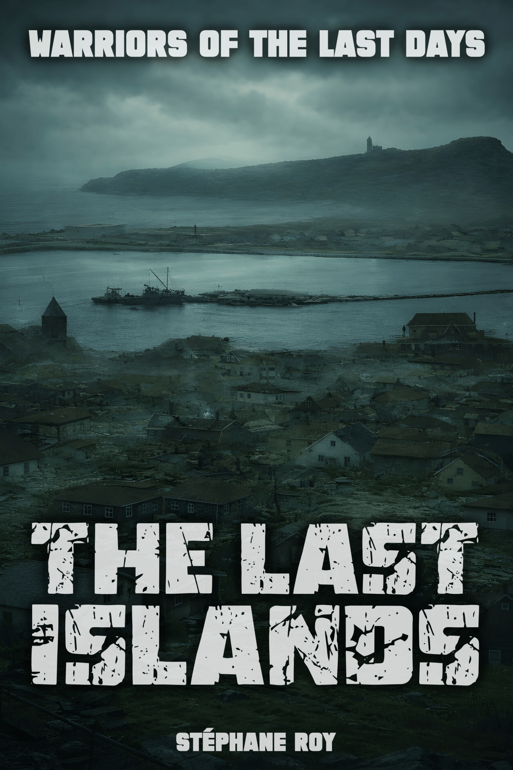 Book cover for The Last Islands featuring a bleak, fog-covered coastal town in a post-apocalyptic landscape.