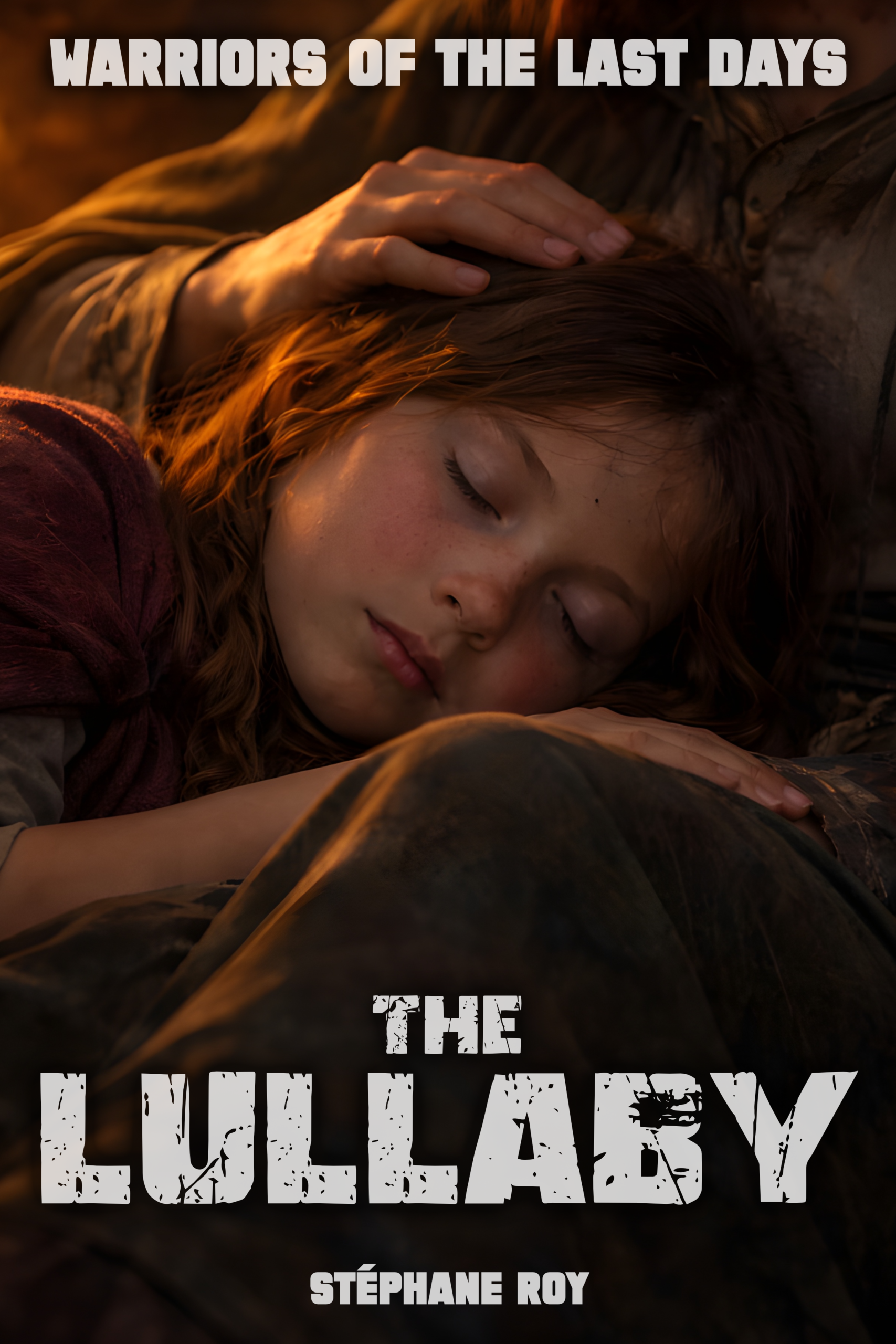 THE LULLABY SHORT STORY Book cover for 'The Lullaby' by Stéphane Roy, featuring a sleeping child with an adult hand gently placed on her head.