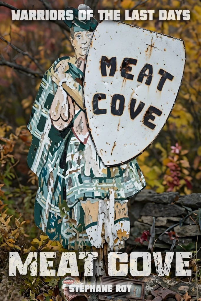 SHORT STORIES 19 A weathered metal cutout of a person in a kilt holding a shield that reads Meat Cove, set against autumn foliage.