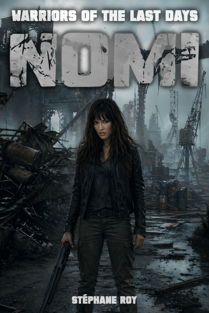 Nomi, a fierce woman with a shotgun, stands in a post-apocalyptic industrial wasteland, under the title 'NOMI'.