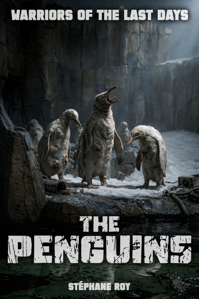 Book cover for 'The Penguins: Warriors of the Last Days' featuring emaciated, injured penguins in a grim, snowy landscape.