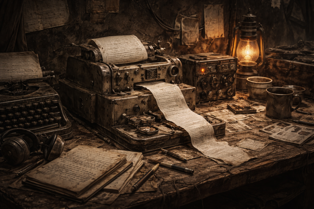 PRESS CONTACT: Dystopian desk with typewriter, teletype printing, glowing radio, lantern, and documents for post-apocalyptic press contact.