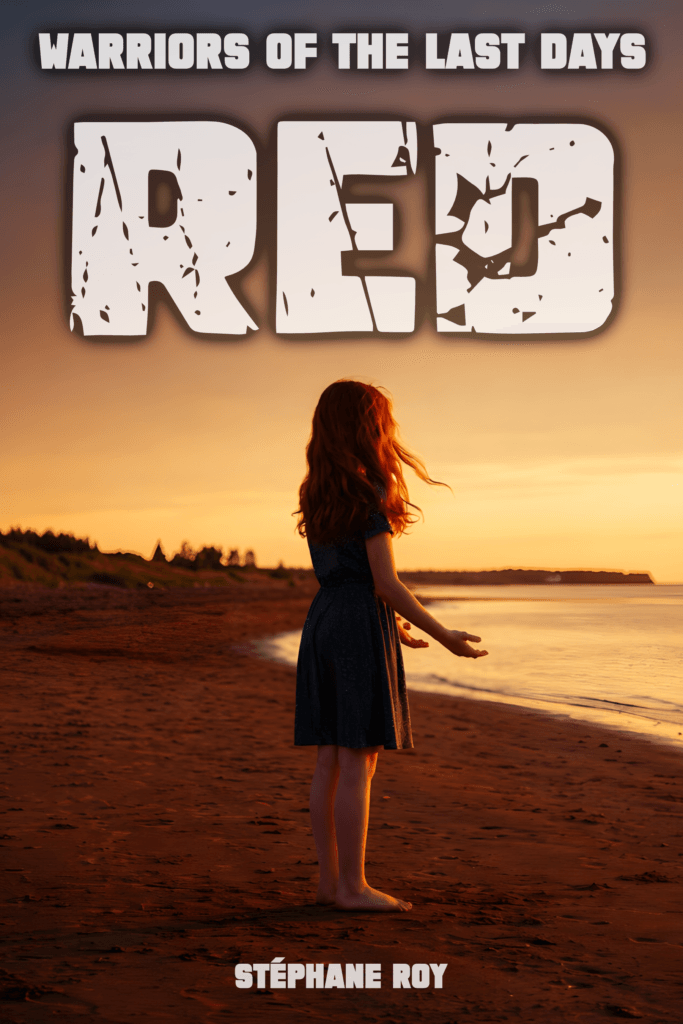 Cover for the novel RED, part of the Warriors of the Last Days series. A red-haired person stands on a beach at sunset.