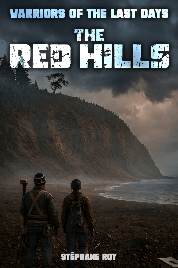 SHORT STORIES 20 Book cover for 'The Red Hills'. Two figures on a desolate beach gaze at a massive red cliff under a stormy, grey sky.