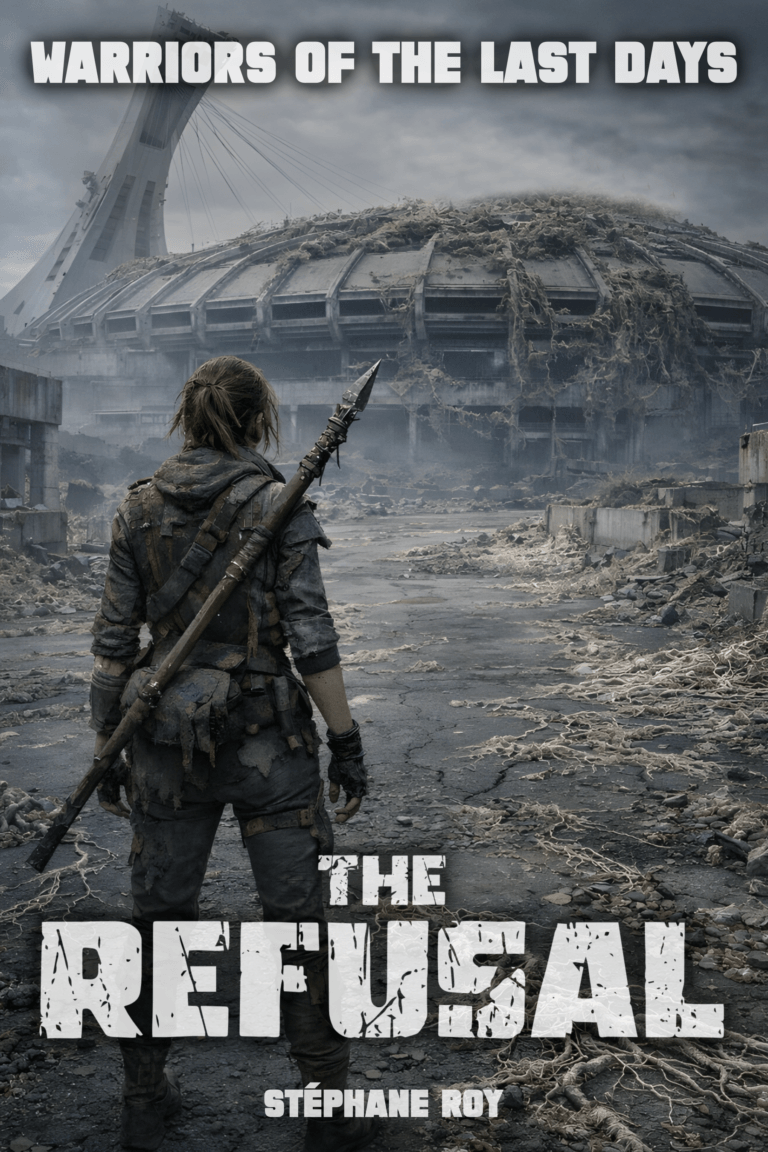 BOOK I: THE REFUSAL Cover for The Refusal, featuring a lone figure with a spear facing a ruined, overgrown Montreal Olympic Stadium under a bleak sky.