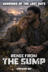 Short Story cover for Renée From The Sump. Renée, a woman with dirty blonde hair, leans on a man, both grimy, by a polluted river at sunset.