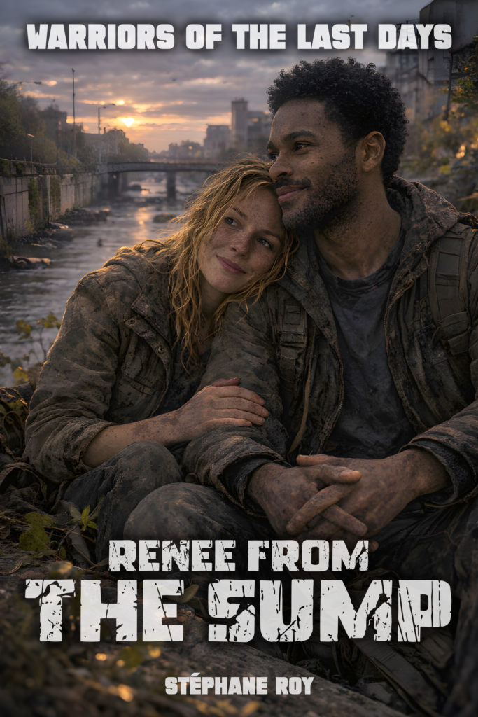 Novel cover for Renee From The Sump. Renee, a woman with dirty blonde hair, leans on a man, both grimy, by a polluted river at sunset.