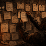 A hooded person reads various community messages on a post-apocalyptic bulletin board, illuminated by candlelight.