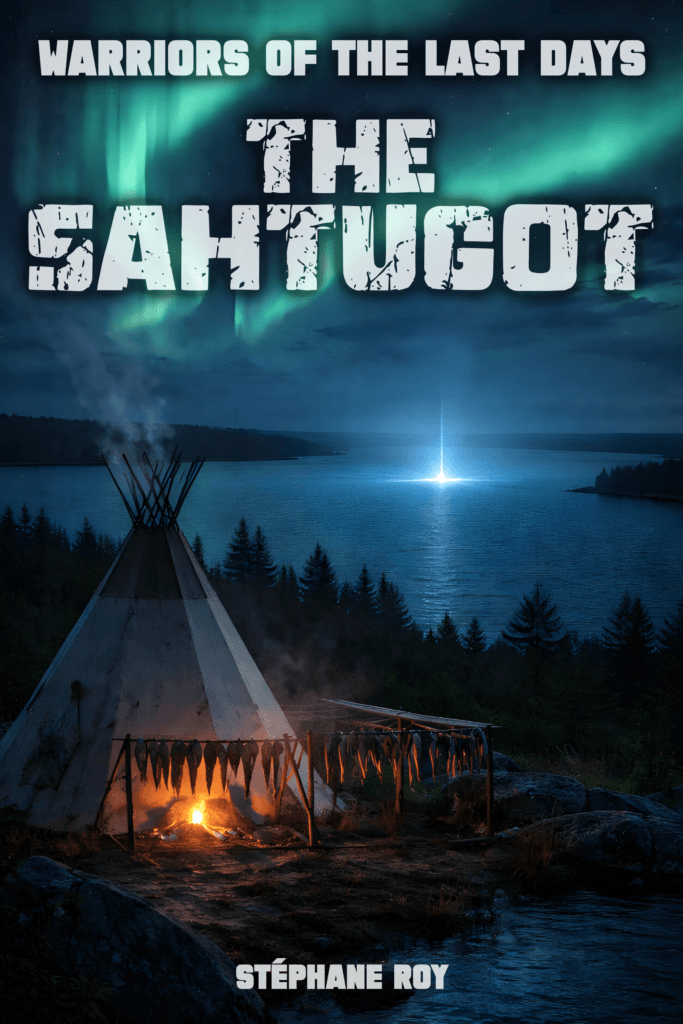 SHORT STORIES 16 Book cover for 'The Sahtugot'. Teepee, fire, and drying fish by a lake with a light beam under aurora borealis. By Stéphane Roy.