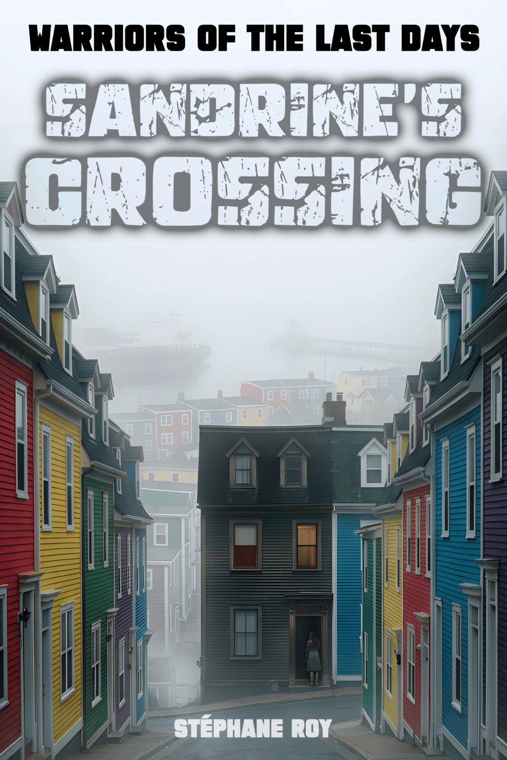 Cover for Sandrine's Crossing: a foggy street with colorful houses, a woman in a doorway, and title text.