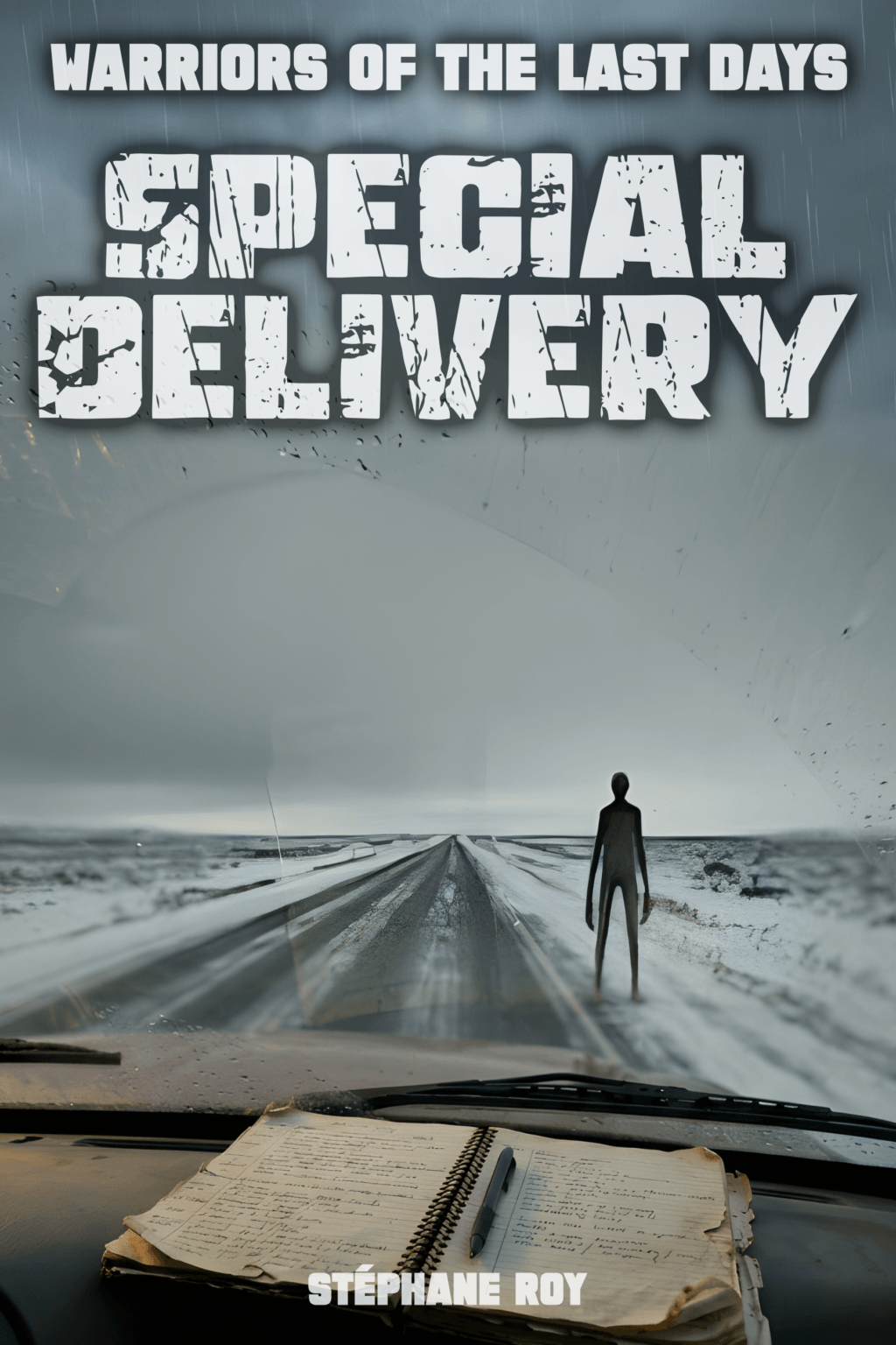 Cover for 'Special Delivery' by Stéphane Roy: desolate road, mysterious figure, and a notebook viewed from a car's interior.