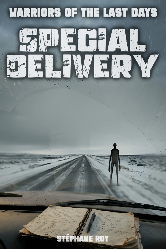 SERIES PROGRESS 16 Cover for 'Special Delivery' by Stéphane Roy: desolate road, mysterious figure, and a notebook viewed from a car's interior.