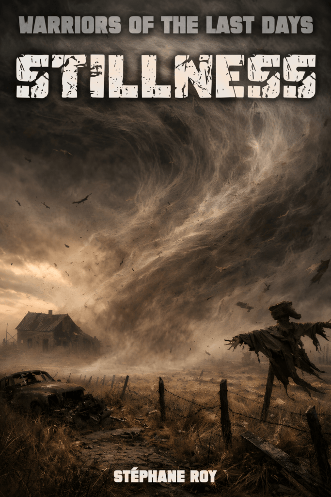 Stillness dystopian book cover showing a massive dust storm, ruined house, wrecked car, and a tattered scarecrow figure.