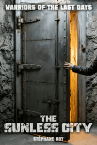 Book cover for The Sunless City by Stéphane Roy. A hand opens a heavy metal door into a glowing, unknown space. Text: Warriors of the Last Days.
