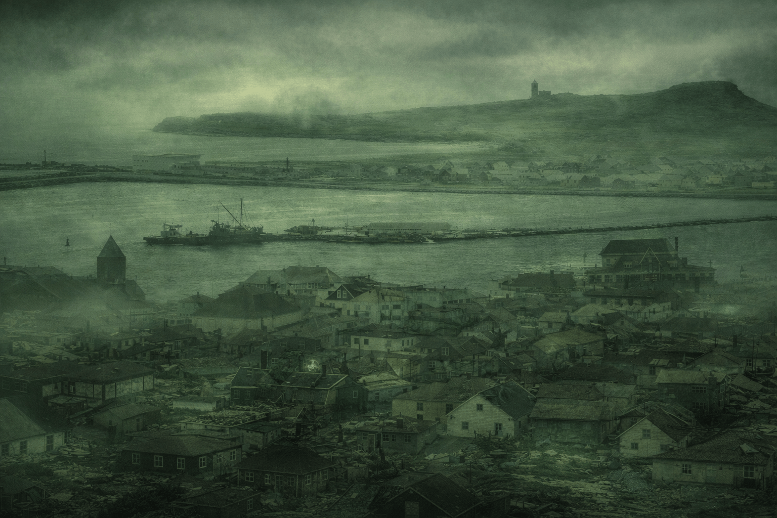 Dystopian aerial view of St-Pierre, a desolate coastal settlement with ruined buildings, boats in the harbor, and a foggy island.