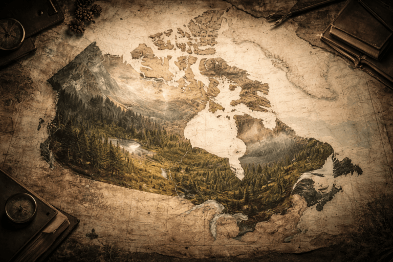 WARRIORS OF THE LAST DAYS SERIES 5 Vintage map of Canada displaying a forested mountain landscape, surrounded by old books and compasses, symbolizing Canadian stories and exploration.