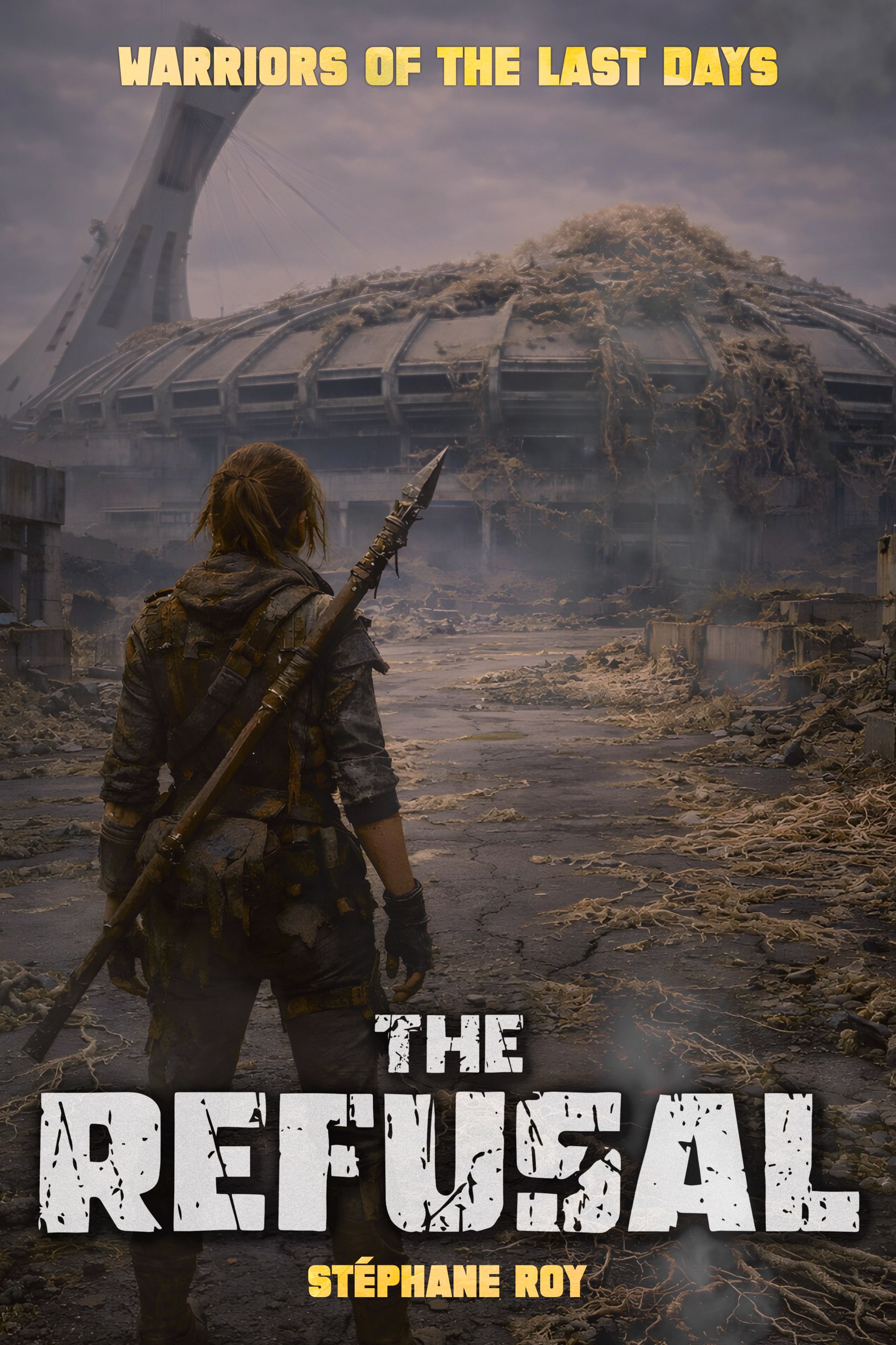 A warrior stands before the ruins of Montreal's Olympic Stadium in a post-apocalyptic landscape.