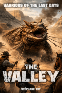 Two men on horseback rope a massive, spiky horned lizard in a dusty desert valley. Text 'THE VALLEY' and 'WARRIORS OF THE LAST DAYS'.