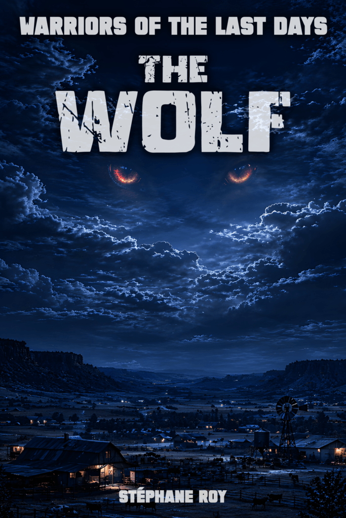 SHORT STORIES 2 Dystopian novel cover for 'The Wolf' by Stéphane Roy. Features glowing wolf eyes over a dark, cloud-filled night sky and a valley with farm lights.