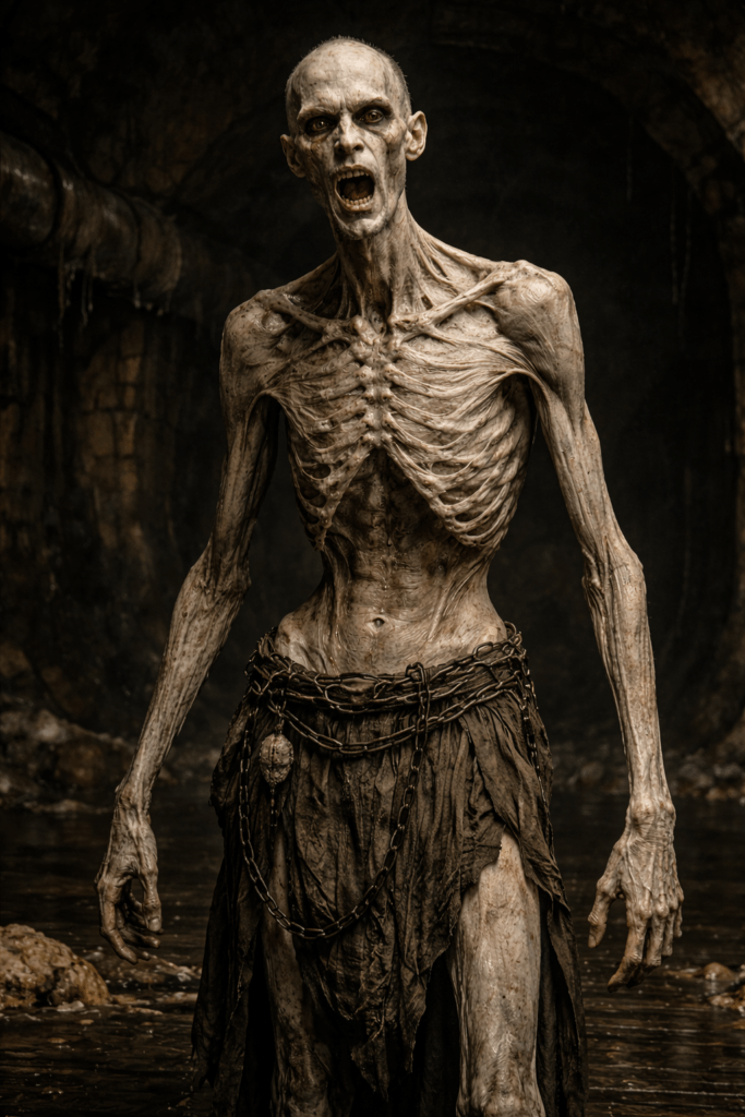 THE REFUSAL CREATURES 6 A gaunt, emaciated humanoid creature with pale, textured skin and an open-mouthed expression stands in a dark tunnel.