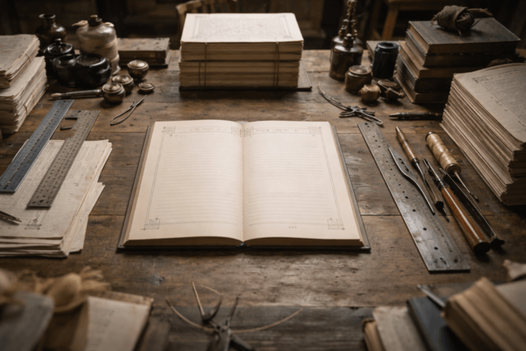 An open, blank vellum-bound journal surrounded by antique writing tools, stacked papers, and old books on a wooden desk.