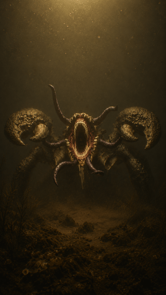 THE REFUSAL CREATURES 8 A monstrous crawfish-like creature with tentacles and jagged teeth emerging from murky, dark water.
