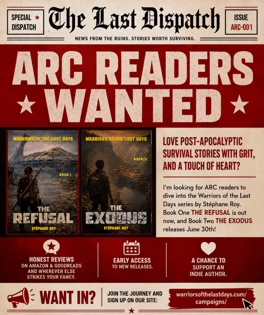 Campaigns: Vintage-style newspaper poster calling for ARC readers for the Warriors of the Last Days post-apocalyptic novel series. Explore the Warriors Universe!