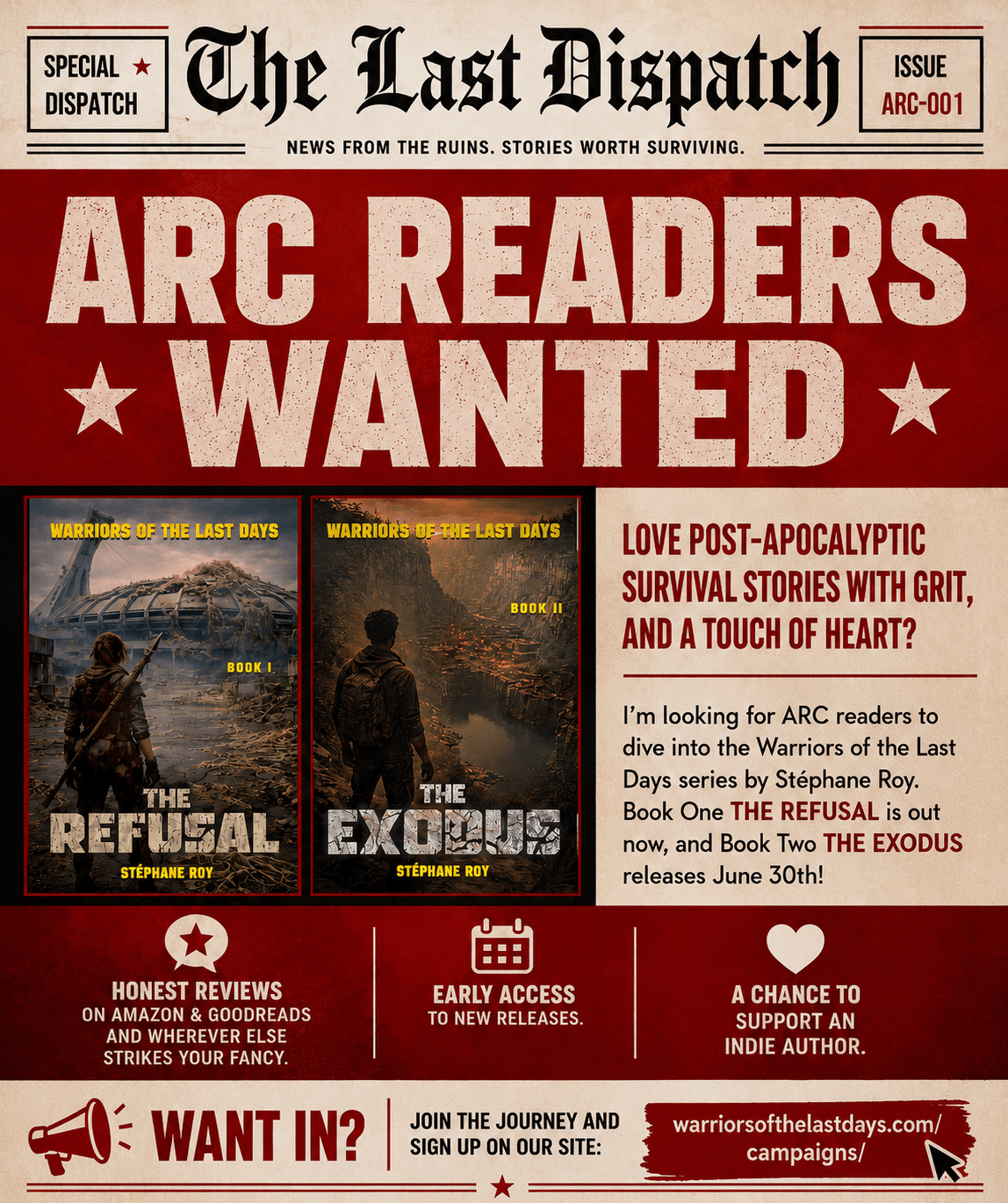 Campaigns: Vintage-style newspaper poster calling for ARC readers for the Warriors of the Last Days post-apocalyptic novel series. Explore the Warriors Universe!