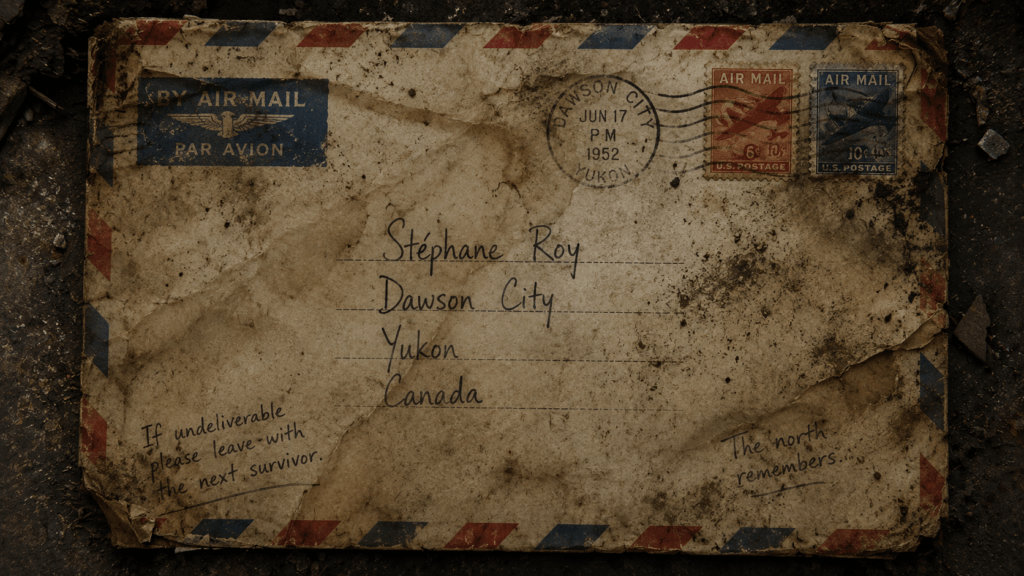AUTHOR CONTACT PAGE 1 AUTHOR CONTACT PAGE: A distressed airmail letter addressed to Stephane Roy in Dawson City, Yukon, with a message to leave for the next survivor.