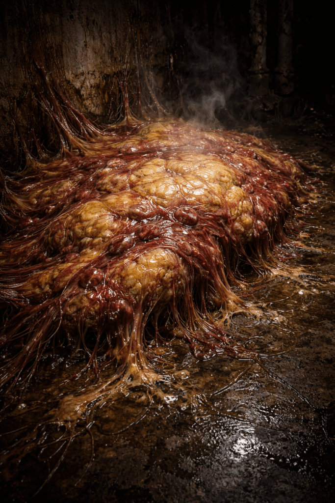 A pulsating, organic mass of flesh and red veins steaming on a dark, damp concrete floor.