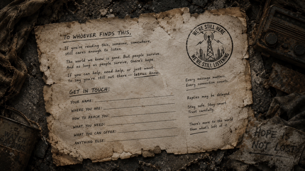 CONTACT: A weathered paper form titled Get In Touch, set against a dark, post-nuclear debris background with a radio and rations.