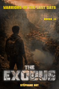 THE EXODUS 1 A lone wanderer with a backpack overlooks a post-apocalyptic settlement in a rocky canyon at sunset.